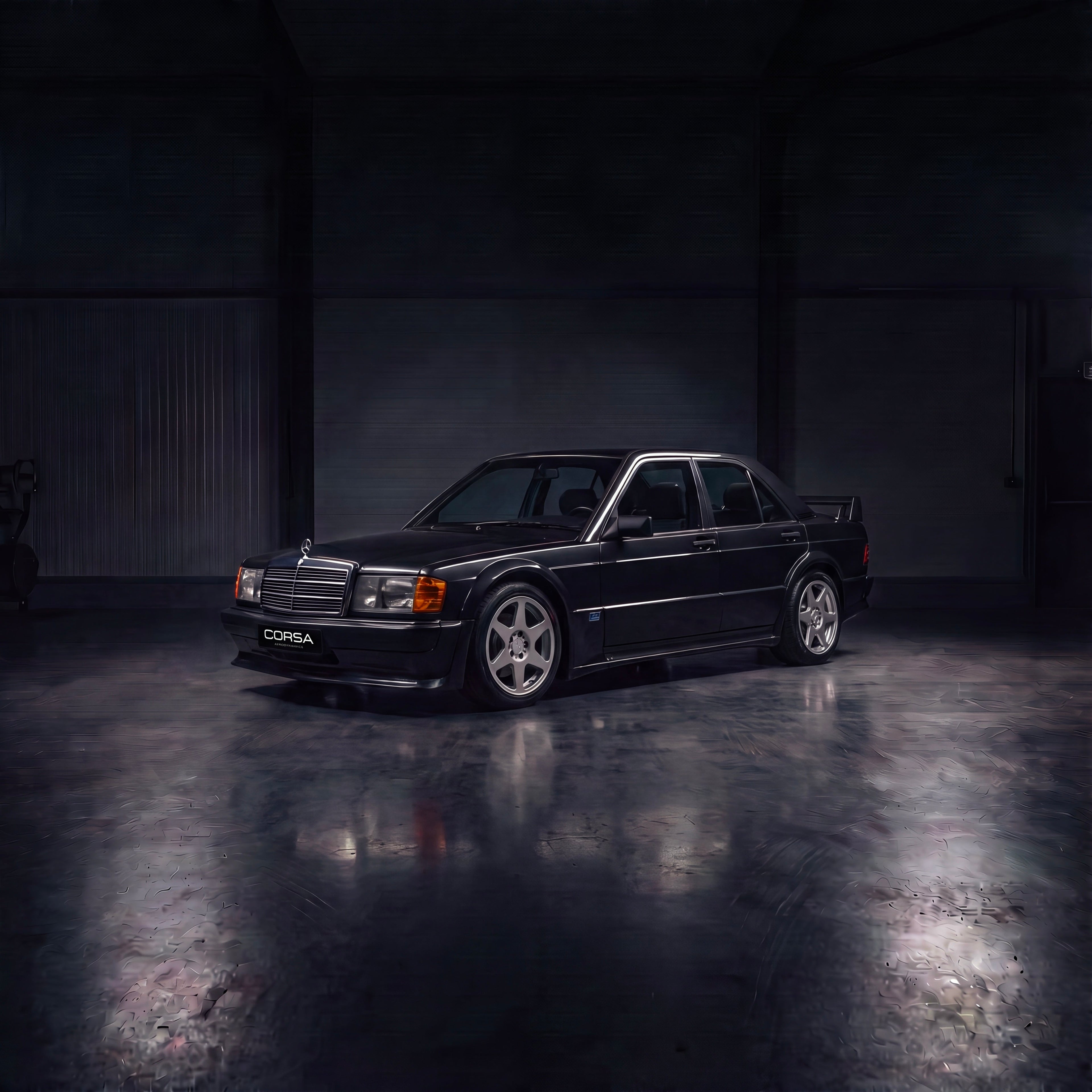 Mercedes-Benz 190E EVO I in silver, dark garage cover shot