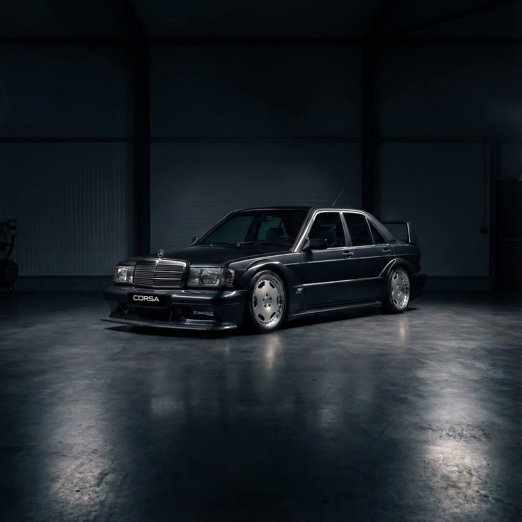 Mercedes Benz 190E EVO II widebody kit full render, white DTM livery, FRP fiberglass