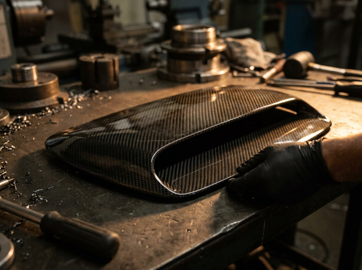 Custom carbon fiber automotive part close-up